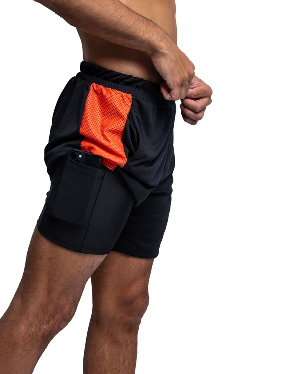 Short Deportivo Liso Hombre Negro con Naranja - TFIT PRO 635 - TFIT